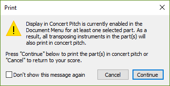 Display in Concert Pitch Printing Warning